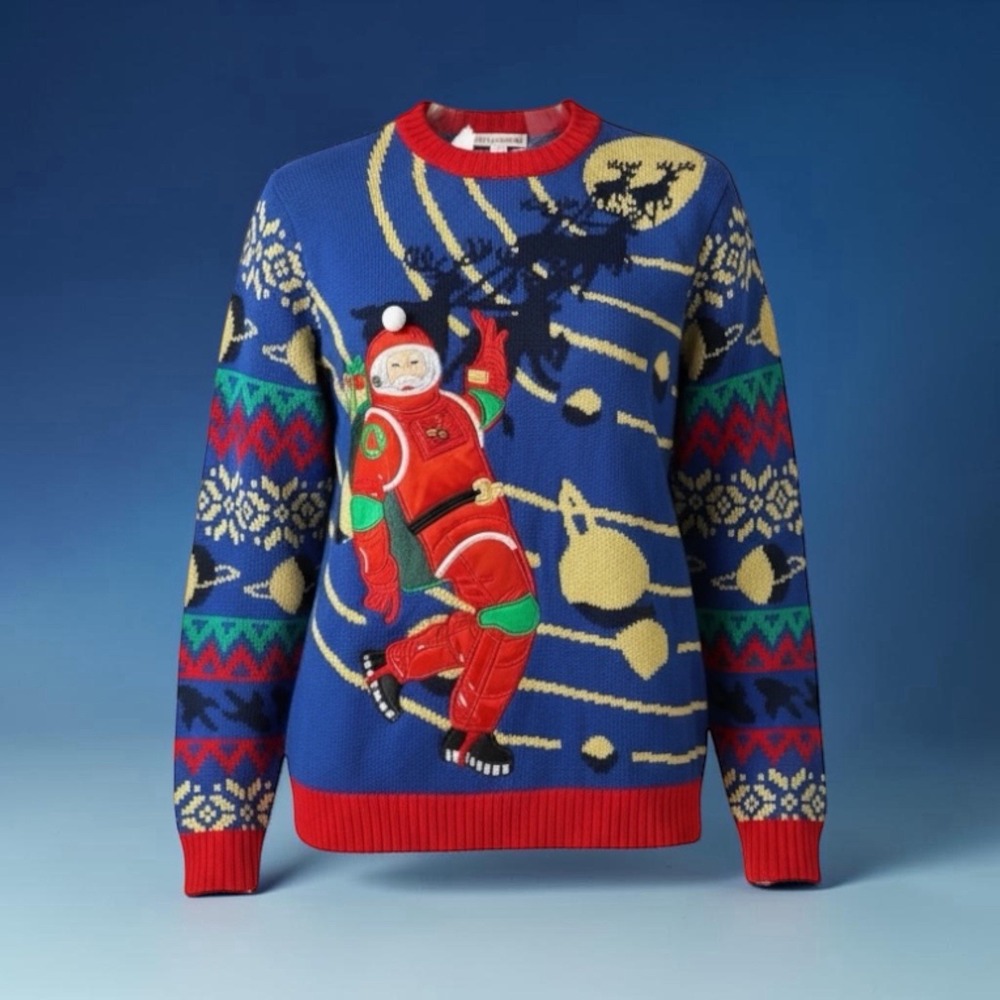 Mens Ugly Christmas Sweater Astronaut Moon Walk Space Santa Funny 3D Bells Sz XL